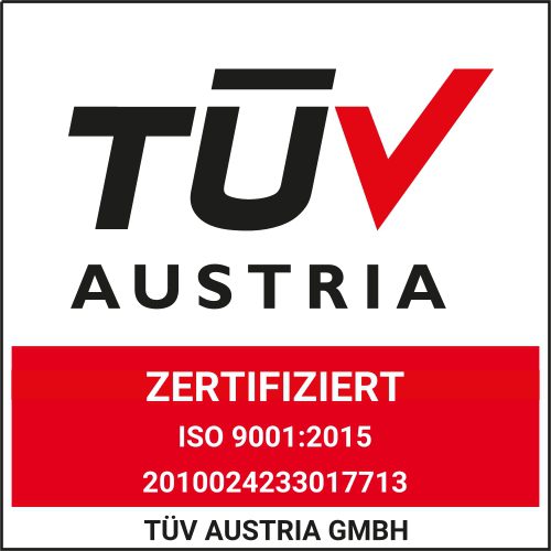 TÜV Austria Zertifizierungssiegel für ISO 9001:2015 – Qualitätsmanagement-Zertifikat der Heron CNC-Technik, ausgestellt von TÜV Austria GmbH.
